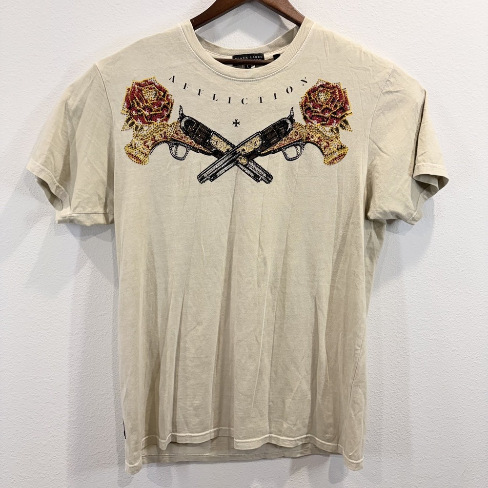 Affliction Black Label Mens Large Resistencia T-Shirt Rhinestones Graphic
